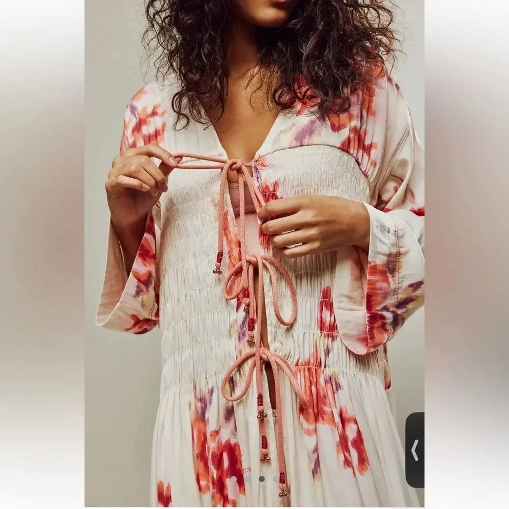 Free People Bright Blooms Maxi Robe M Boho Floral Tie Front Flowy Duster Kimono